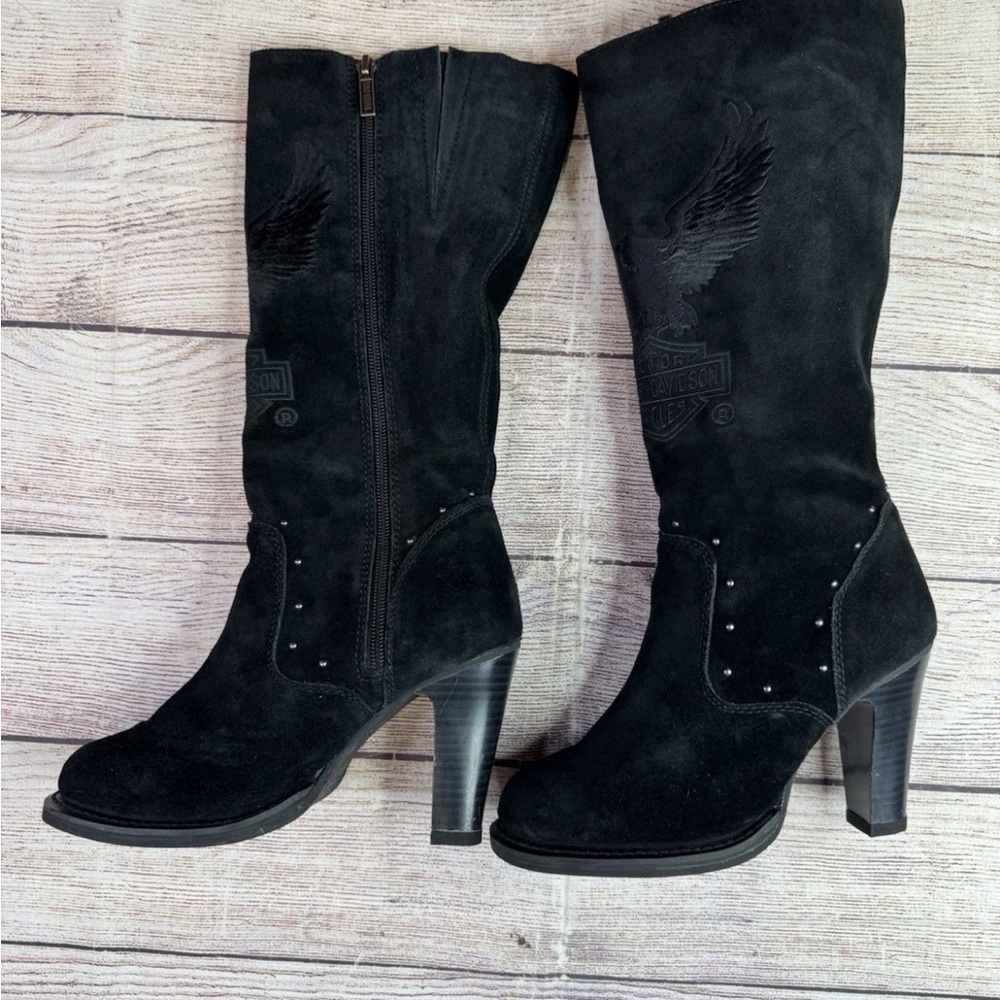 ❌Sold ❌Rare Harley Davidson Black Suede Knee High Boots Womens 7 Logo Wings - Picture 2 of 9